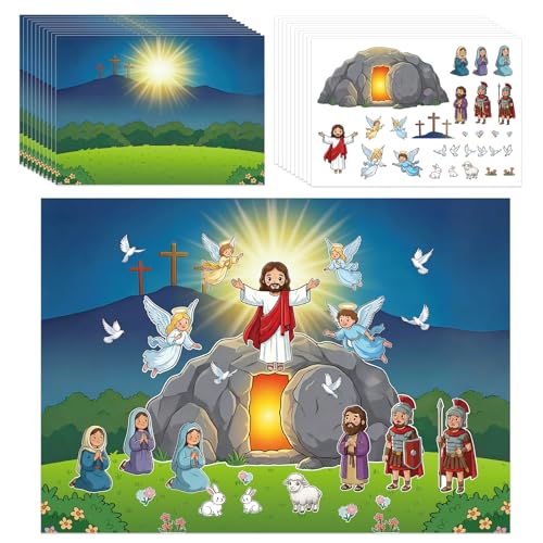 SICOHOME Make an Easter He Lives Scene Stickers - 24 Sheets Religious Easter Crafts for Kids He is Risen Christian Gifts Jesus Resurrection Stickers for Sunday School Classroom Party Basket Stuffers