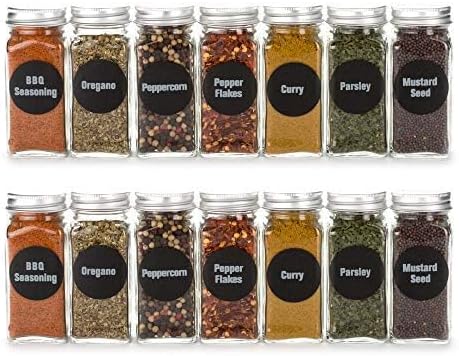 4oz, BEST VALUE 14 Glass Spice Jars includes pre-printed 113 CLEAR PVC labels & round 126 CHALKBOARD labels. 14 Square Empty Jars, Airtight Cap, kitchen Funnel Pour/Sift Shakers