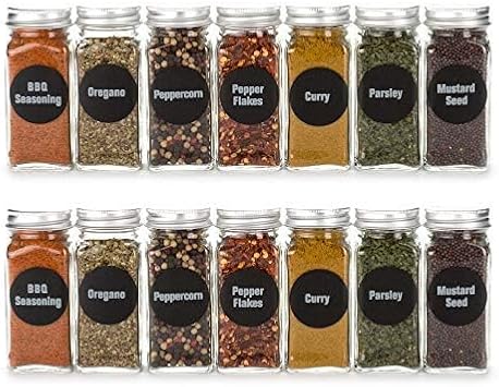 4oz, BEST VALUE 14 Glass Spice Jars includes pre-printed 113 CLEAR PVC labels & round 126 CHALKBOARD labels. 14 Square Empty Jars, Airtight Cap, kitchen Funnel Pour/Sift Shakers