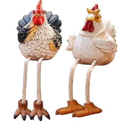QIAOIDEA Funny Shelf Sitting Chicken Figurines – Farmhouse Rooster & Hen Statues with Dangling Legs – Rustic Tabletop Home Decor, Kitchen, Garden Ornaments (Set of 2)