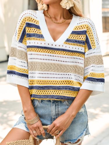 Image of Saodimallsu Womens Short Sleeve Sweaters V Neck Crochet Knit Striped Hollow Out Tops Beach Cruise Outfits