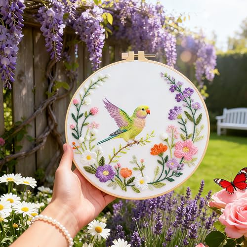 Image of BEUNITONE 4 Set Wreath and Bird Pattern Embroidery Kit for Adult Beginners