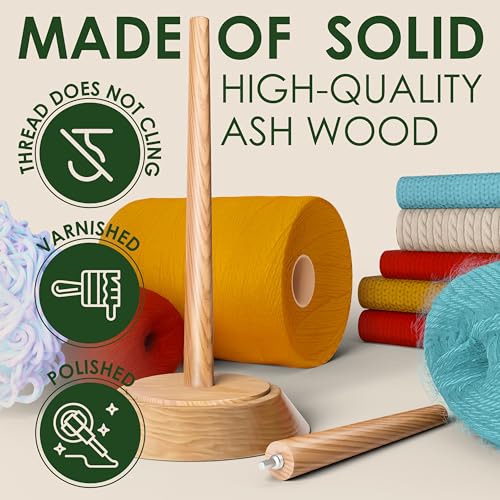 Image of BARVA Yarn Holder Set 22 Lb Capacity for Chunky Yarn w /Extra Spindle | Smooth Bearing Spinner & Big Rubber Anti Slip Pads for Stability | European Wood Crochet Accessories & Fiber Crafts Pro Tools