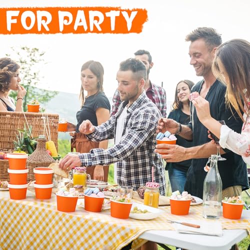 Image of Fulmoon 8 oz 100 Pack Paper Containers with Lids Soup Bowl Cup, Orange | Disposable Ice Cream Cup, Kraft Food Containers with Vented Lid Stackable for Hot Soup Dessert Cake Fruit Microwave Takeout