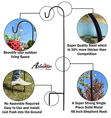 Ashman Shepherd Hook 48 Inch 10 Pack, Rust Resistant Steel Hooks Ideal For Hanging Plant Baskets, Solar Lights, Lanterns, Bird Feeders & More (Black) #TOP5