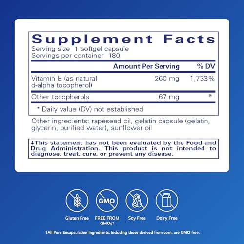 Pure Encapsulations Vitamin E, 180 Softgel Capsules - Image 2