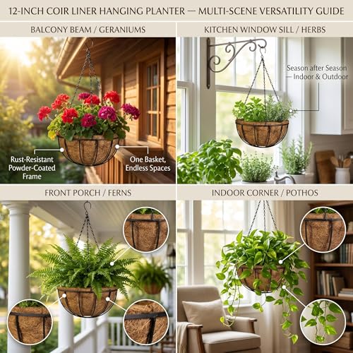 Kingbuy 12" Metal Hanging Basket for Herbs & Flowers – 6" Depth Rust-Resistant Wire with Coconut Liner & Adjustable Chains for Kitchen Window, Balcony & Garden - 1 Pack — view 2
