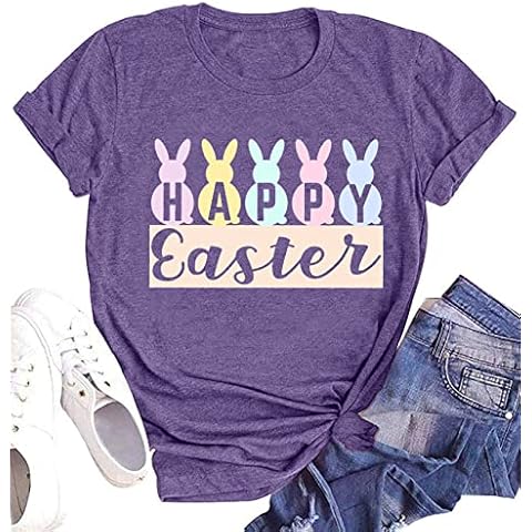 Happy Easter Shirts for Women Bunny Rabbit Graphic T-Shirt Easter Print Short Sleeve Tees Casual Tops, Purple, S Cover