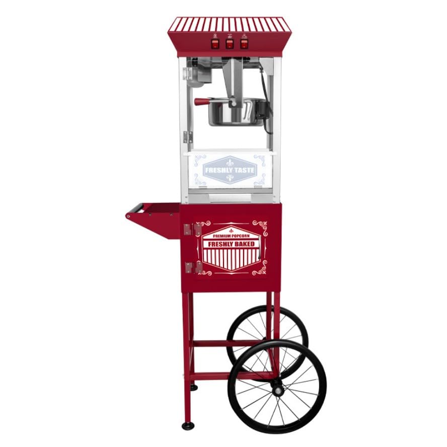Image of Movie Theater-Style Popcorn Machine Maker with Cart and 12-Ounce Kettle - Red, Vintage-Style Popper on Wheels -LT Red