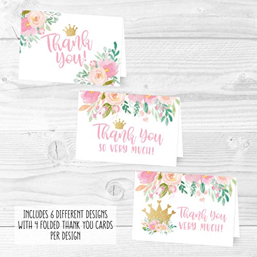 Hadley Designs 24 Princess Thank You Cards With Envelopes - 4x6 Kids ThankYou Notes Bulk, Baby Shower Thank You Cards Girl, Blank Teacher Appreciation Notes, Princess Party Supplies, Made In USA