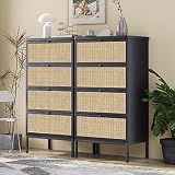 Brafab Natural Rattan 8 Drawers Dresser Tall Chests for Bedroom, 46" Black Industrial Wood Storage D
