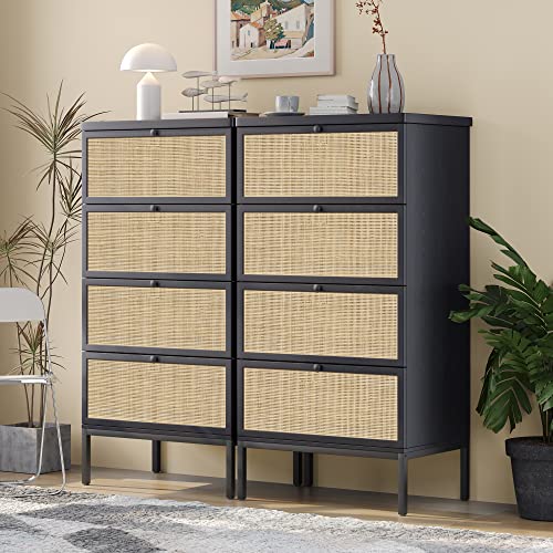 Brafab Natural Rattan 8 Drawers Dresser Tall Chests For Bedroom, 46" Black Industrial Wood Storage Dressers Tall Dressers Chest Of Drawers With Sturdy Steel Legs For Living Room Closet, Set Of 2 #TOP9