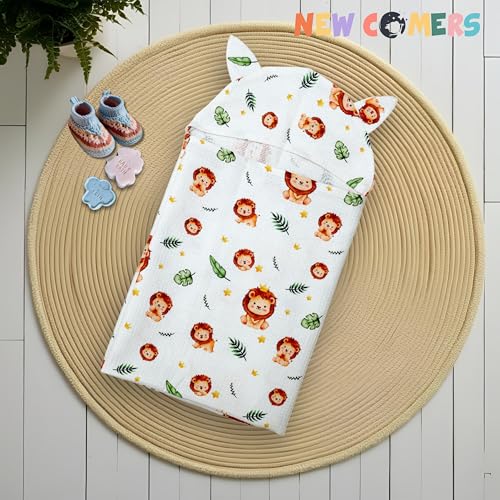 Image of NEW COMERS 100% Pure Cotton Waffle Hooded Wrapper - Baby Towel for New Born | Big Size 50cm x 26cm | Soft, Safe & Skin-Friendly | Perfect for Newborns 0-5 Years | Breathble Absorbant (Multicolor 4)