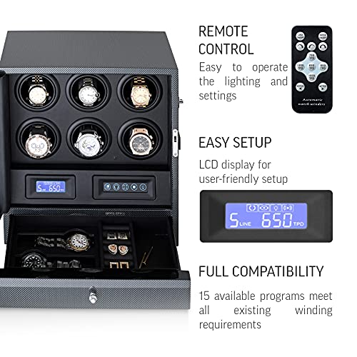 Watch Winder For 6 Watches With 2 Watches Storage Drawer, Led Backlight, Lcd Display And Remote Control (Carbon + Black) #TOP4