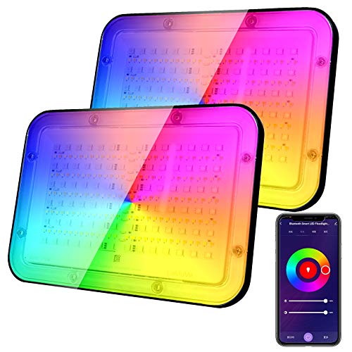 2 Pack 500W Equivalent RGB Smart LED Flood Light, LaMuVi 50W Bluetooth Dimmable Color Changing Light Outdoor Stage Light, 20 Modes 16 Million Colors, Timing, Music Sync, Group Control, IP66 Waterproof 2 Pack 500W Equivalent RGB Smart LED Flood Light, LaMuVi 50W Bluetooth Dimmable Color Changing Light Outdoor Stage Light, 20 Modes 16 Million Colors, Timing, Music Sync, Group Control, IP66 Waterproof