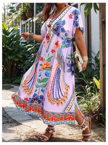 Image of Floerns Women's Plus Size Tribal Print Dolman Sleeve Slit Summer Maxi A Line Dress