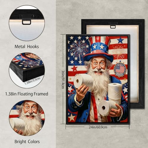 Image of American Flag Framed Canvas Wall Art, Funny 4th of July Bathroom Canvas Prints, Humorous Uncle Sam Toilet Paper Patriotic Decorations, Independence Day Wall Decor for Bathroom Living Room 24x36