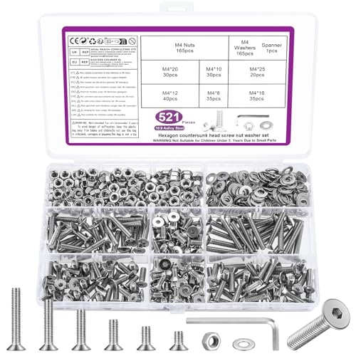 Lot de 521 vis M4 à tête fraisée et écrous à tête fraisée avec rondelles, assortiment de vis à tête plate à tête hexagonale + clé