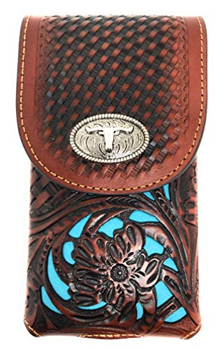 Texas West Western Cowboy Tooled Floral Leather Longhorn Concho Belt Loop Extra Large Cell Phone Holster Case (Brown/Turquoise)