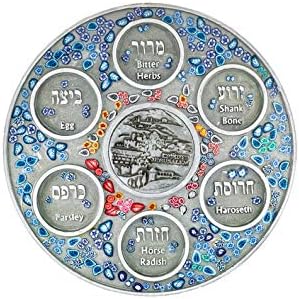 Passover Seder plate Jerusalem with blue flowers made of Polymer clay, polyester and mazak. Very suitable for the passover gifts