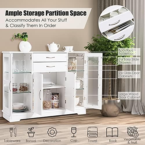 COSTWAY Buffet Sideboard, Wooden Storage Cabinet with Adjustable Shelves and 2 Glass Doors, Server Pantry Cupboard for Kitchen Living Dining Room (White)