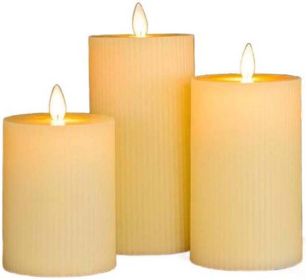 MOMENT Flameless Candles, Set of 3 Flameless Pillar Candles, Battery Operated Fake Candle, LED Flameless Candles Flickering, Elegant Wickless Design, Perfect for Home Decor