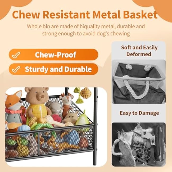 Full Metal Dog Toy Basket, 23.6x11.2x7.9 Large Dogs Toy Bin with Storage Organizer, Chew-Resistant Toy Box for Dog Stuff Accessories, Pet Toy Storage Holder for Cat Dogs Essential Supplies
