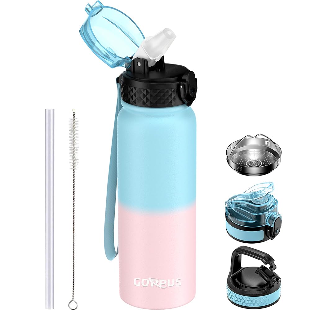 GOPPUS600ml/20oz Stainless Steel Water Bottle with Straw Insulated Sports Bottle Cold Flask with Straw Double Walled Flip up Metal Water Bottles Leakproof Water Bottle for Gym Sports
