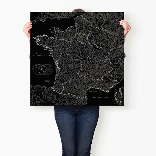 Carte de France avec épingles - Carte de France détaillée en toile - Pour marquer les endroits où vous êtes allés avec des punaises (60x60 cm, Poster en papier, Minuit Noir)