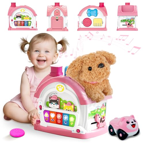 Montessori Toys for 1 2 3 Year Old Girl Gifts, Musical Toy House with Stuffed Puppy, Car, Baby Toys 12-18 Month, Learning Educational Toy for Toddler 1-3, First Birthday Gifts for Girls (Pink)
