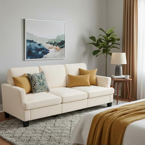 ATOMHOME Modern 3 Seater Sofa for Living Room with Soft Deep Seats, Sofa 3 Seater in Linen, Upholstered Apartment Sofa with Armrests, Comfy Cozy Sofas for Bedroom (Linen, Beige)