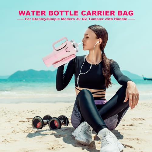 Image of 30oz Water Bottle Carrier Bag with Phone Pocket for Pink Stanley 30 oz Tumbler with Handle, Neoprene Water Cup Holder Pouch with Strap for Valentines Stanley Cup Accessories