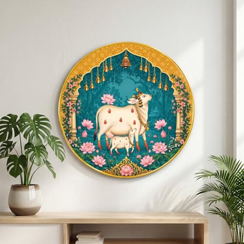 Image of SAF Sacred Cow Calf Wall Painting Round PVC Golden Frame Kamdhenu Spiritual Art Lotus Temple Design for Living Room Bedroom Office Home Wall Decor (23 x 23 Inch) GR-404