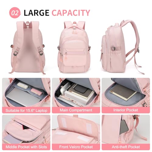 Aesthetic Daypack Backpack, Water-Resistant 15.6" Laptop Backpack for Women and Men, Featuring Touch-Fastener and Anti-Theft Pockets (Pink)4