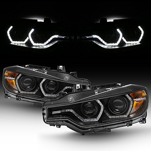 AKKON - For BMW F30 3-Series 4 Doors Sedan Black Bezel Factory Halogen Type Dual U-LED Ring Projector Headlights