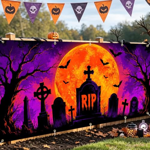 Image of Halloween Garage Door Decorations 7 x 16 ft, RIP Grave Cover