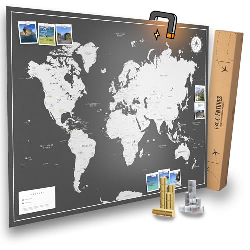 VACENTURES Magnetische Pinnwand Weltkarte XXLDARK inkl. 2 x 15 magnetische Pins I Markiere Deine Reiseziele I Sammel Fotos und Magnete I Magnet Poster DIN A0 - world map