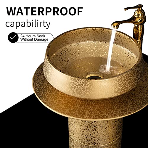 Yrra Pedestal Sink 16"X16" Gold Modern Ceramic Bathroom Basin Sink, Kaolin Clay Pedestal Sink Round Freestanding Sink For Indoor And Outdoor,With Mirror #TOP2