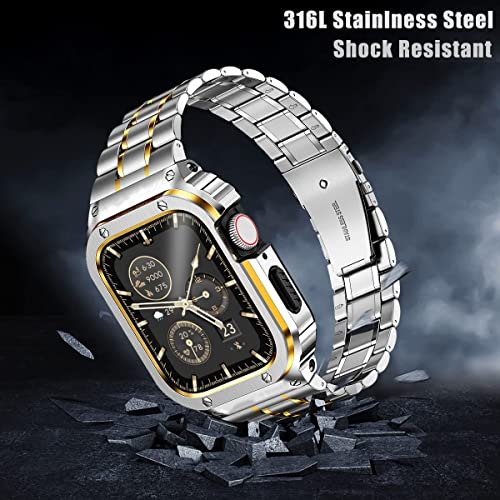 MioHHR Stainless Steel Watch Band with Case Compatible for Apple Watch Bands 45 mm,Rugged Strap with Metal Protective Bumper Cover for iWatch Series 9/8/7 for Men(Silver/Gold) - Image 2