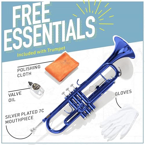 Image of Mendini By Cecilio Bb Standard Trumpet Set for Beginners - Brass Trumpet Instrument with Hard Case, 7C Mouthpiece, Valve Oil, Cleaning Cloth, Gloves (Blue)