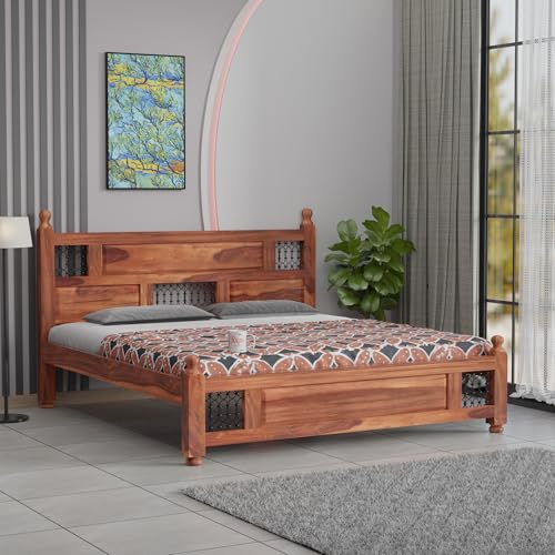 Image of Classic Jali Sheesham Wood King Size Bed Without Storage (84x74 Inch) | Wooden Double Bed Cot for Bedroom Furniture | Modern Palang Design for Home & Hotels | Honey Finish