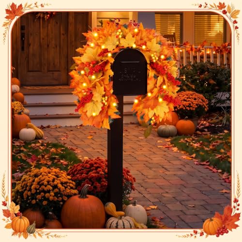 Image of Yinder Fall Mailbox Swag Decor for Outdoor Maple Leaf Wreath with Lights