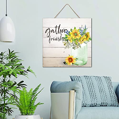Plaque murale en bois Gather Friends aquarelle florale déco 30x30 cm