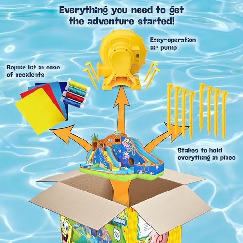 Spongebob Deluxe Adventure Inflatable Water Slide Park – Heavy-Duty for Outdoor Fun - Climbing Wall, 2 Slides & Splash Pool – Easy to Set Up & Inflate with Included Air Pump & Carrying Case