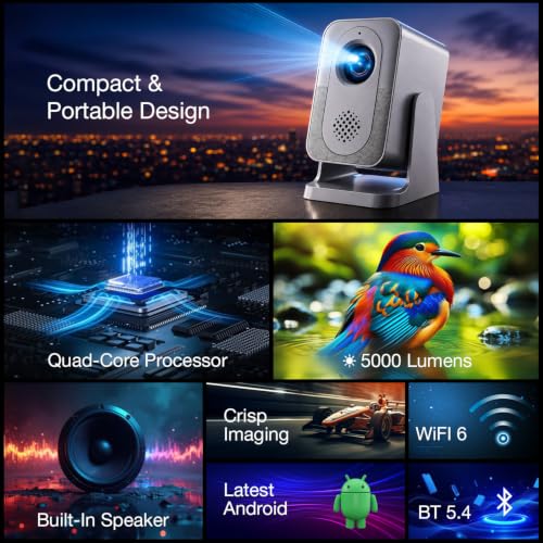 Image of Sekyo Lumina Portable Projector, 1080P & 4K HD Support, Mini Projector for Room, Auto Keystone, WiFi 6, Bluetooth, OTT Apps, HDMI, 5000 Lumens, 230 Rotatable, 240 inch Display