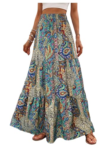 Verdusa Women's Tribal Print Ruffle Long Skirt Boho Flowy High Waisted Western Maxi Skirts