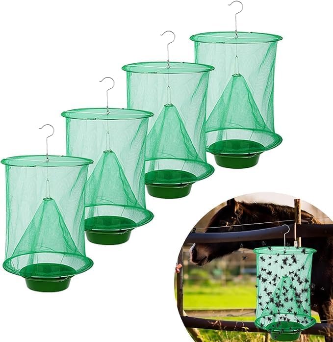 4 Pack Ranch Fly Trap, Outdoor Indoor Hanging, Stable Fly Trap with Bait Tray, Fly Cage, Reusable Fly Trap, Natural Bait Fly Trap for Terrace, Pasture