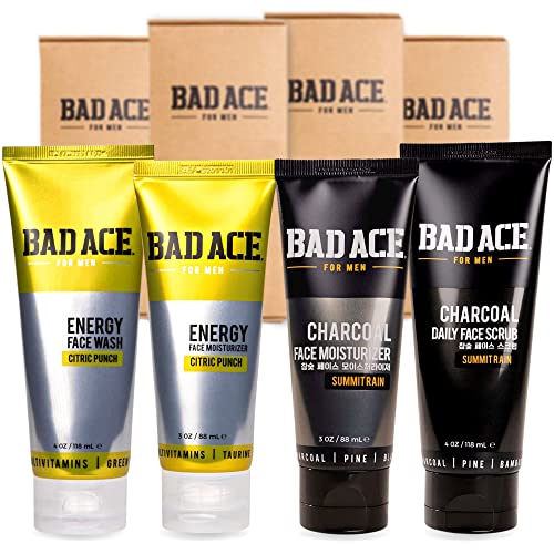 BAD ACE Skincare Bundle | Charcoal and Energy Skincare Sets | Korean Skin Care, Men’s Face Care | Skin Care Kit for Men | Face wash, Face Scrub and Moisturizer Set of 4