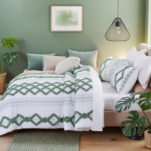 Image of MOVE OVER Green Tufted Comforter Set Queen Size 7 Pieces Bed in a Bag Boho Chic Aztec Comforter Set with Sheet Set Soft and Lightweight Farmhouse Ethnic Bedding Sets for All Seasons