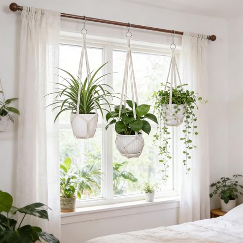 YIBOT 3 Pack Macrame Plant Hanger Indoor Hanging Planter for Plants Holder with 3 Hooks, 35"/29"/23" Size No Tassels for Boho Home Decor, Ivory (POTS NOT Included)